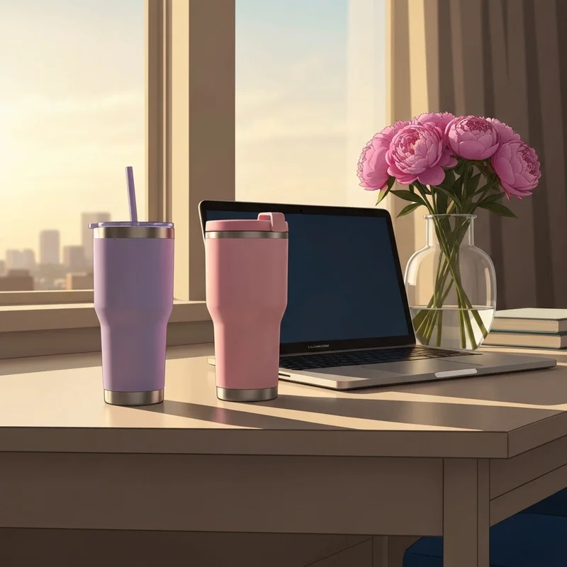 A curated aesthetic desk setup featuring the viral stanley starbucks cup during a morning study session.