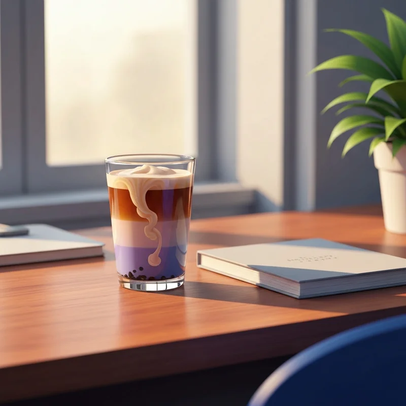 A sophisticated glass of oolong milk tea on a curated desk, symbolizing a mindful wellness ritual.
