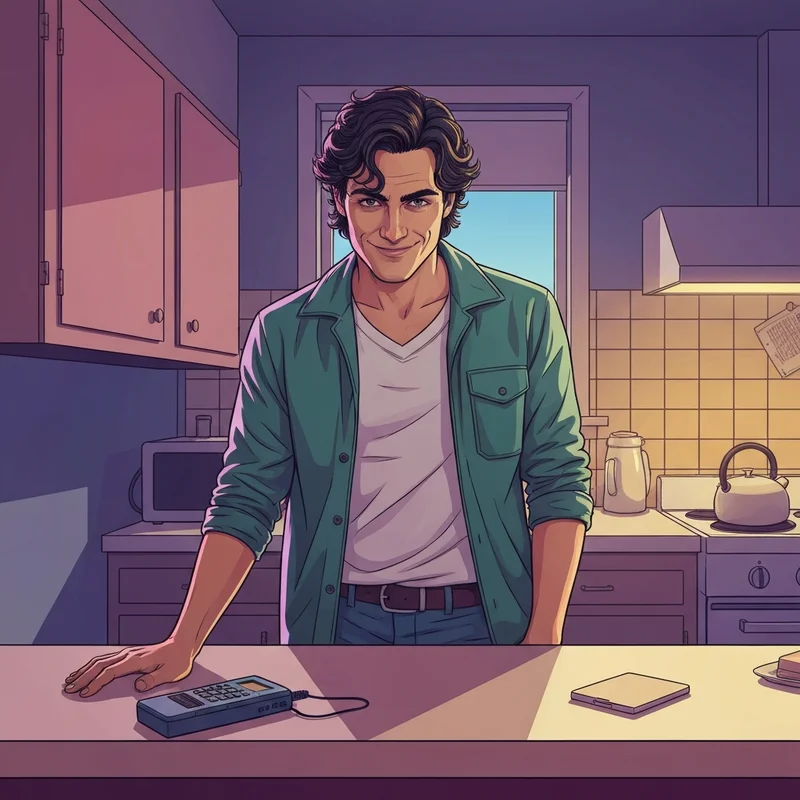 A cinematic shot of vampire diaries kai in a 90s aesthetic setting.