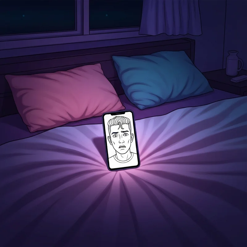 A glowing phone screen displaying a diary of a wimpy kid meme in a dark, moody bedroom.