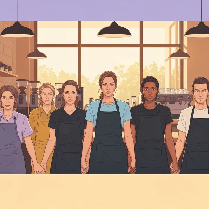 A group of workers standing together to illustrate why starbucks baristas protest dress code changes in 2025.