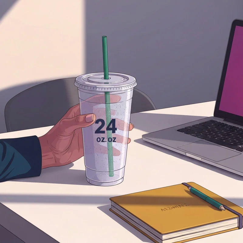 A close up of an iced coffee showing how many ounces in venti starbucks on a busy office desk.