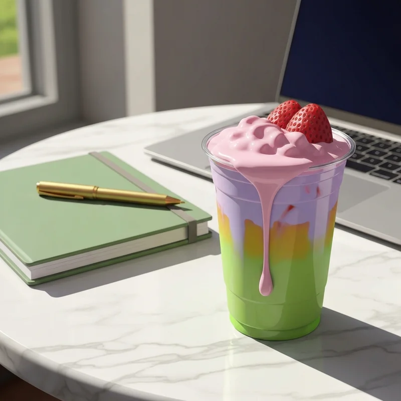 A vibrant and aesthetic iced strawberry cream matcha starbucks drink on a marble table with a sage green notebook.