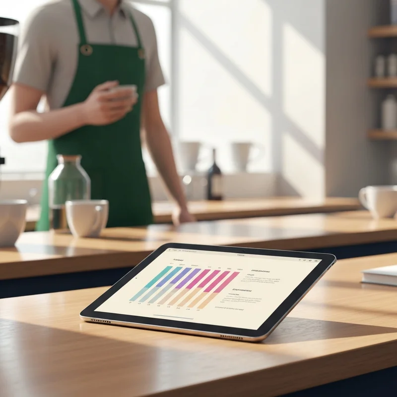 A digital tablet showing the Starbucks Hub dashboard on a coffee shop counter.