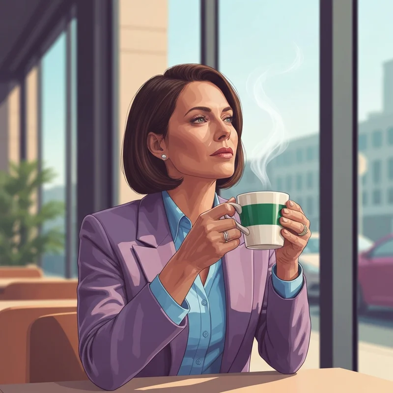 A young professional enjoying her free coffee during the Starbucks Monday promotion in a modern cafe.