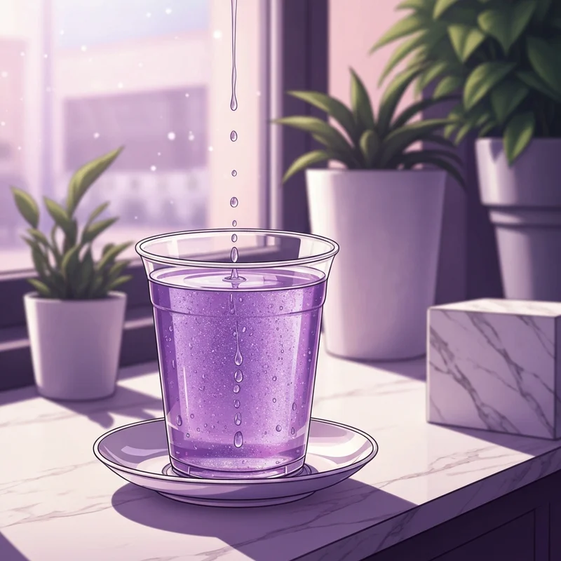 A vibrant purple drink starbucks sitting on a marble table in the sunlight.