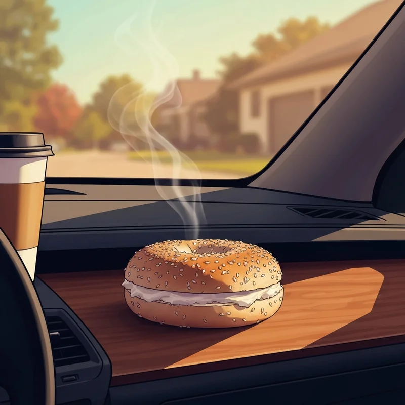 A perfectly toasted Dunkin Bagels everything bagel with cream cheese sitting in a car during a morning commute.
