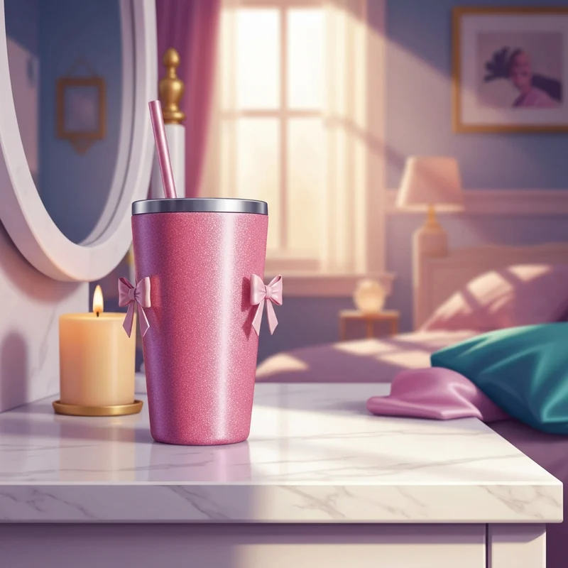 A close up shot of a starbucks coffee cup pink sitting on a curated vanity representing the soft girl aesthetic.