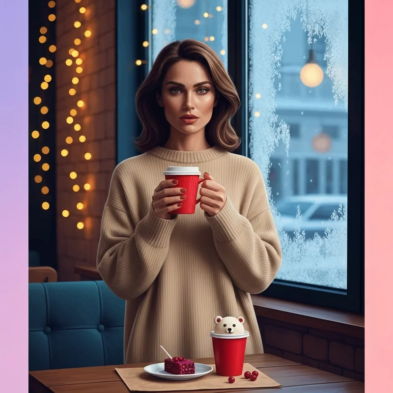 A woman holding a festive red cup from the Starbucks holiday menu 2025 in a cozy cafe setting.