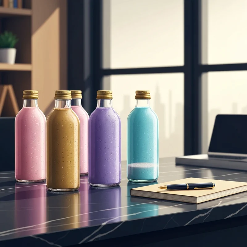 A collection of glass coffee bottles on a desk, illustrating how much caffeine in a starbucks frappuccino bottle is needed for morning productivity.