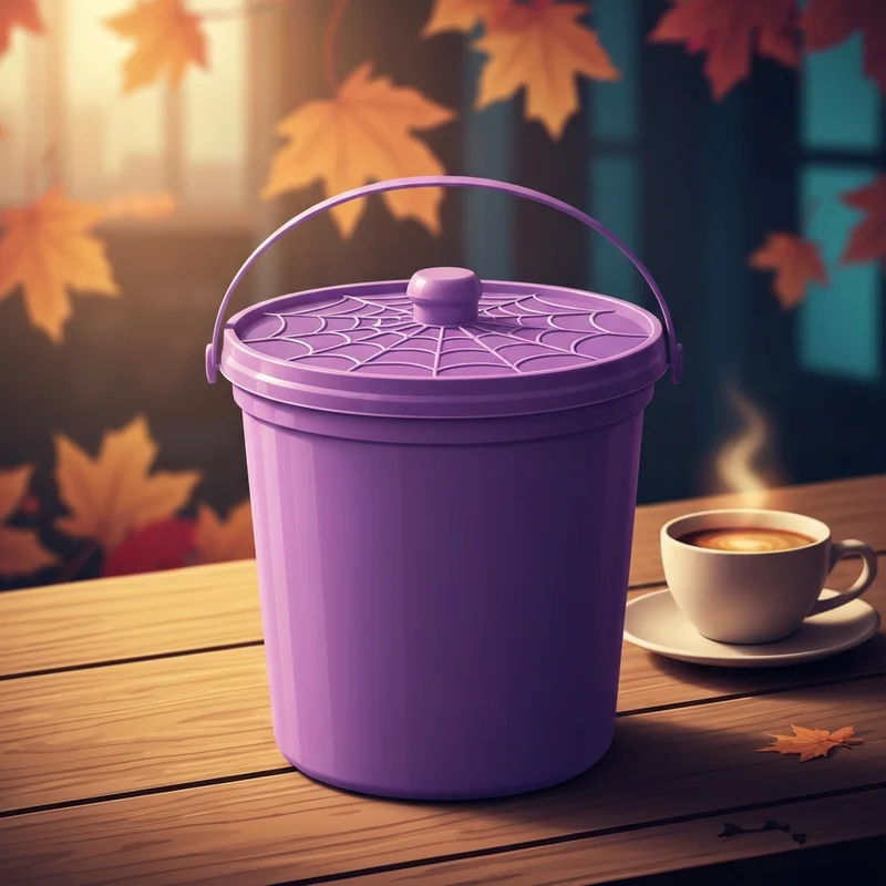 The iconic purple dunkin donuts halloween bucket with a spider lid on an autumnal table.