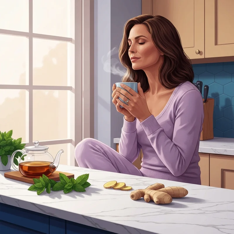 A woman enjoying a tea that helps with bloating in a bright modern kitchen