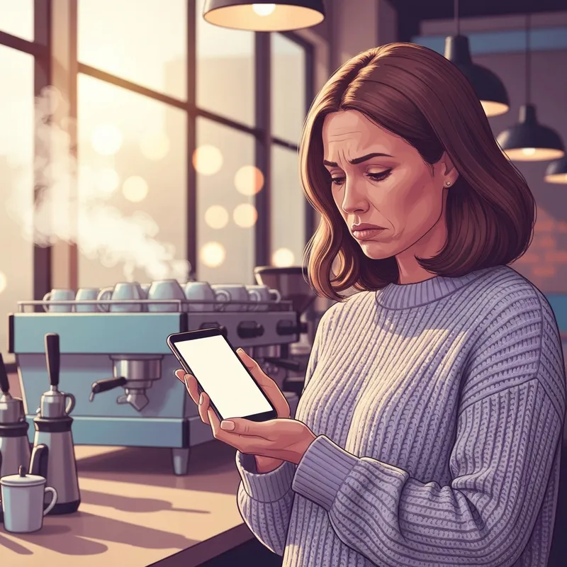 A young woman looking at her phone because i didn't get my starbucks birthday reward in a cafe.