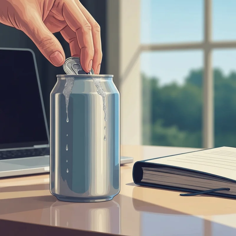 A cold can of starbucks espresso and cream sitting on a professional office desk next to a laptop.
