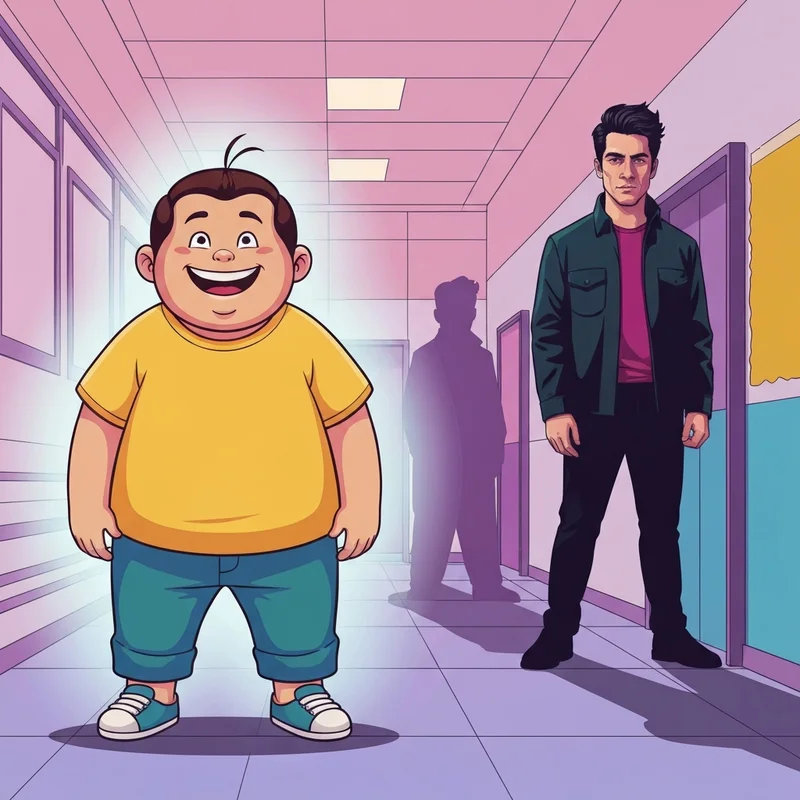 A nostalgic depiction of Rowley Jefferson Diary of a Wimpy Kid standing confidently in a school hallway.