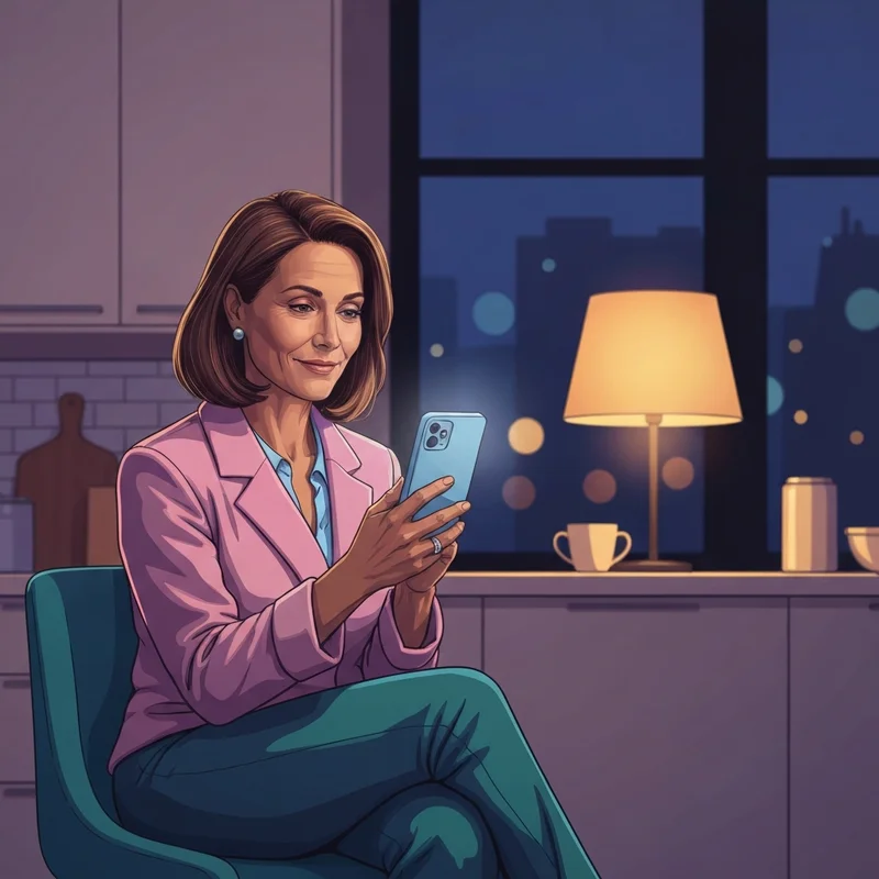 A woman checking the resultado de diario on her phone in a cozy kitchen setting.