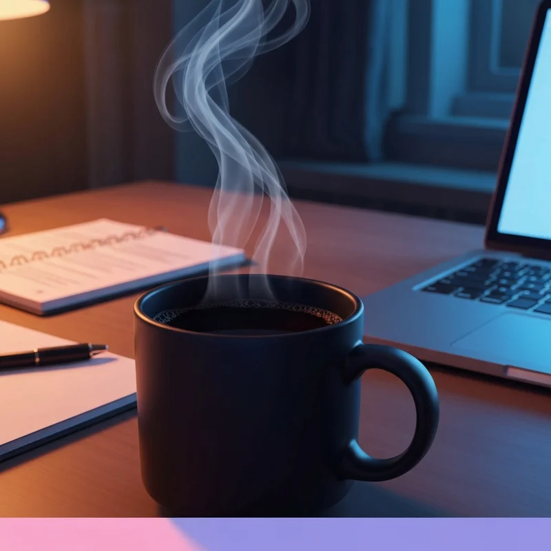A steaming mug of dunkin midnight dark roast coffee on a desk during a late-night work session.