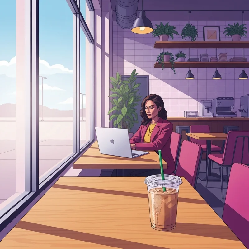 A student studying at a starbucks laredo location with a cold brew coffee and a laptop.