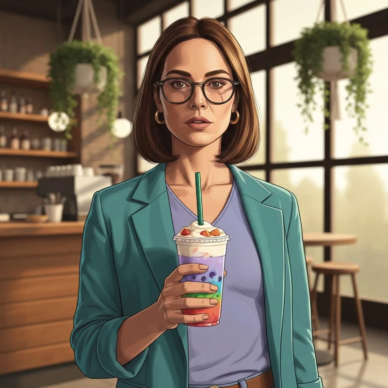 A young woman holding one of the most famous starbucks drinks in a sun-drenched cafe.