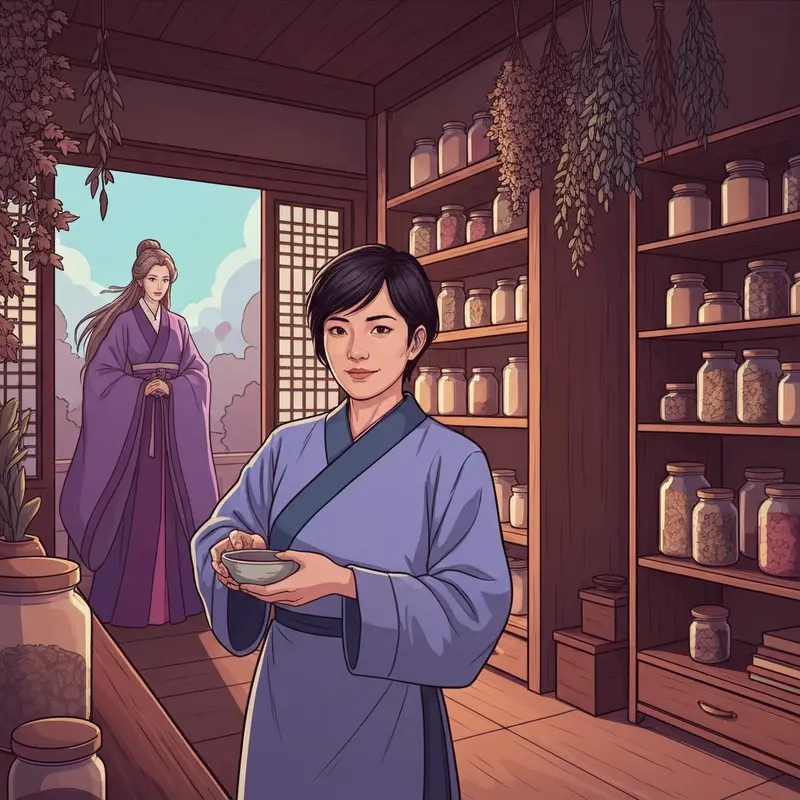 A detailed 8k illustration of Maomao in the apothecary diaries novel standing among medicinal herbs.