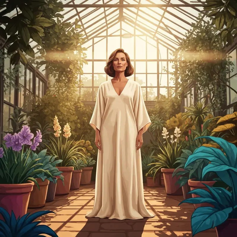 A woman in a silk dress in a garden reflecting on her experience with bloating from ovulation.