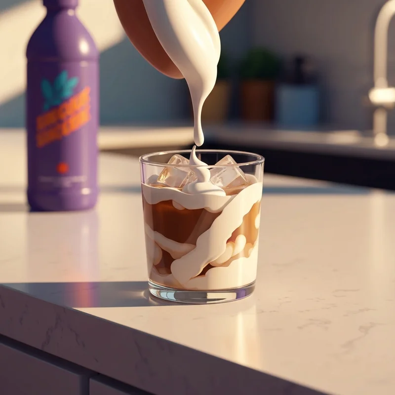 A visual representation of the perfect pour using Dunkin Donuts coffee creamer in an iced coffee glass.