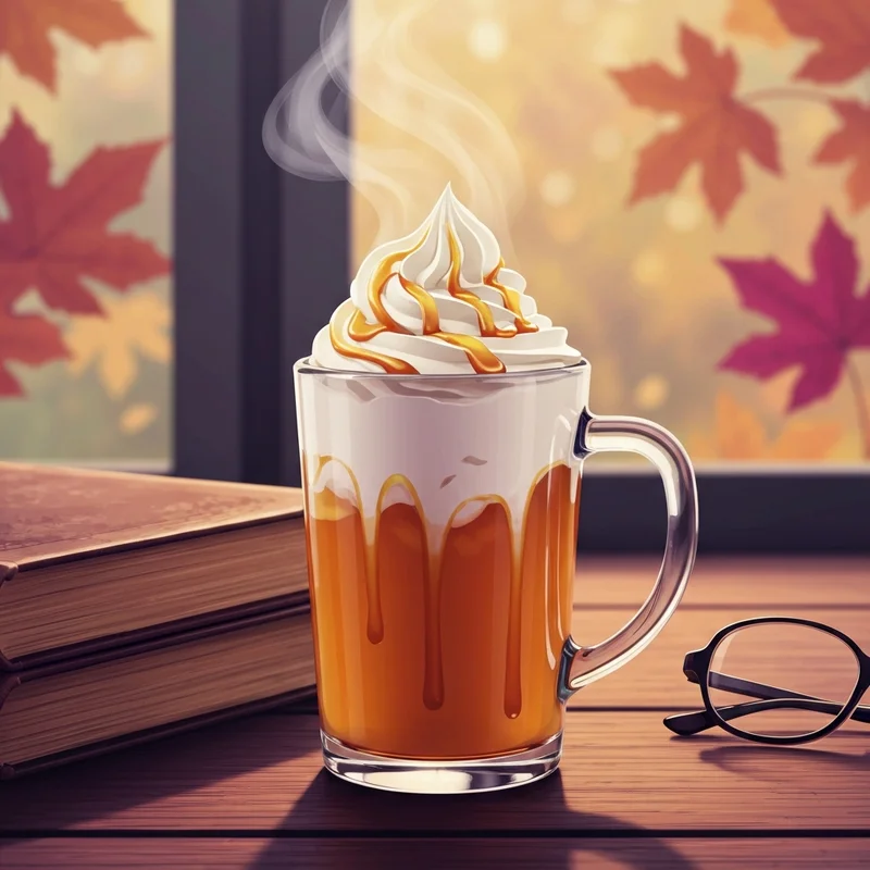 A cozy autumn scene featuring a caramel apple spice starbucks inspired drink with whipped cream and caramel drizzle.