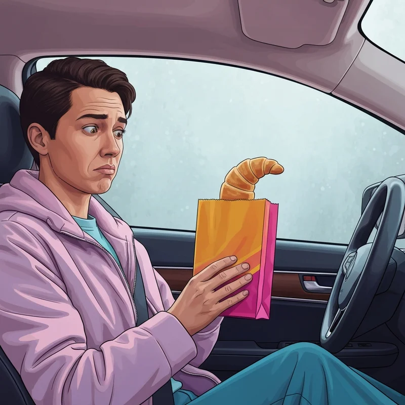 A person examining a croissant at dunkin donuts with disappointment during a morning commute.
