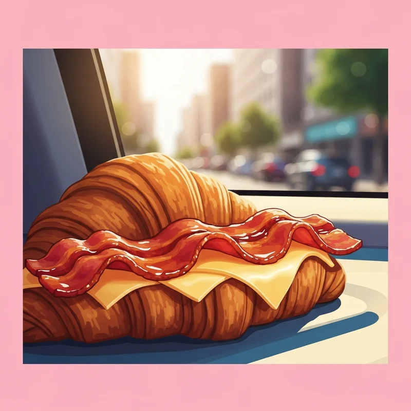 A delicious and warm maple bacon sandwich at dunkin on a flaky croissant.