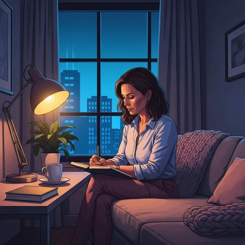 A woman using a disappointment diary in her apartment at night to process negative emotions and build resilience.