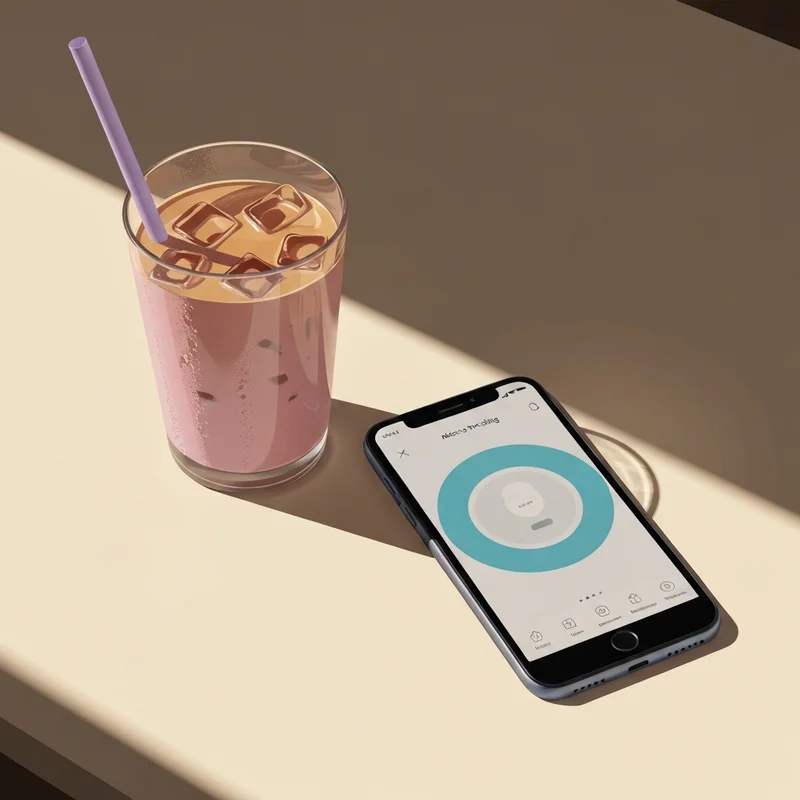 A professional flat-lay showing how to track dunkin nutrition on a smartphone next to a healthy iced coffee.