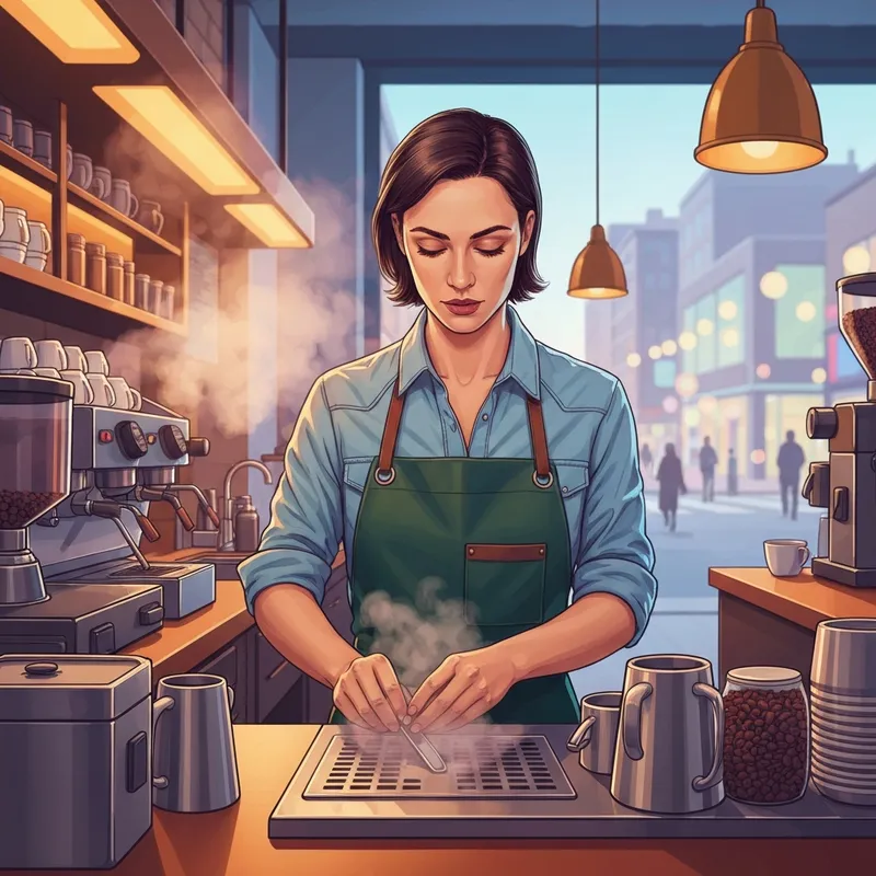 A young professional calculating their Starbucks barista salary while working in a modern coffee shop.