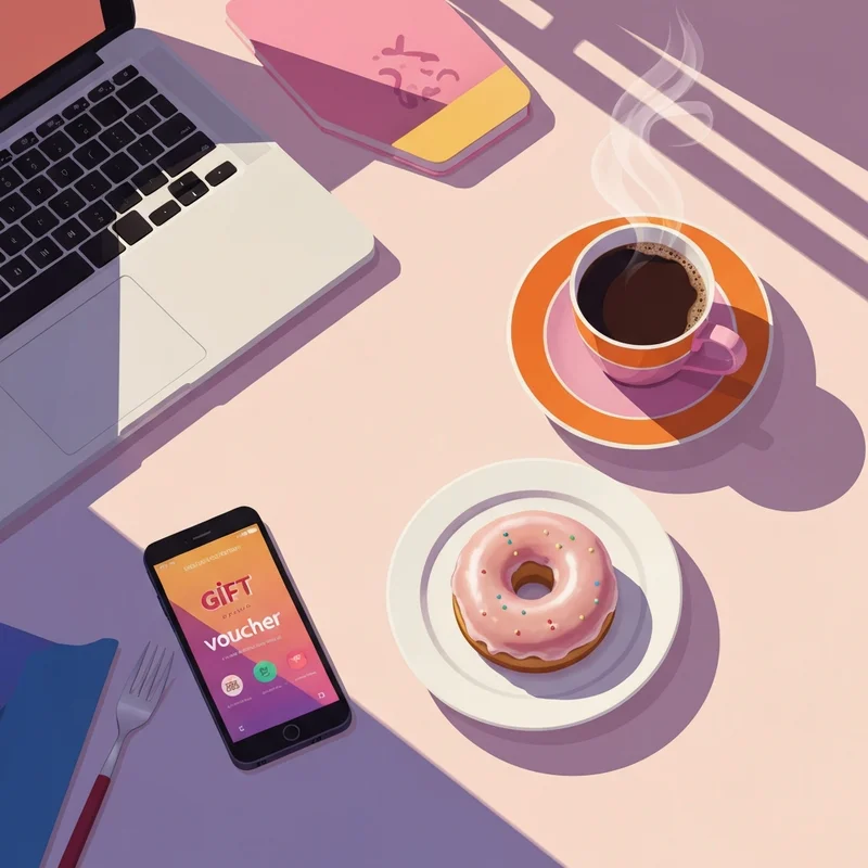 A modern flat lay featuring coffee, a donut, and digital dunkin donut gift certificates on a smartphone.