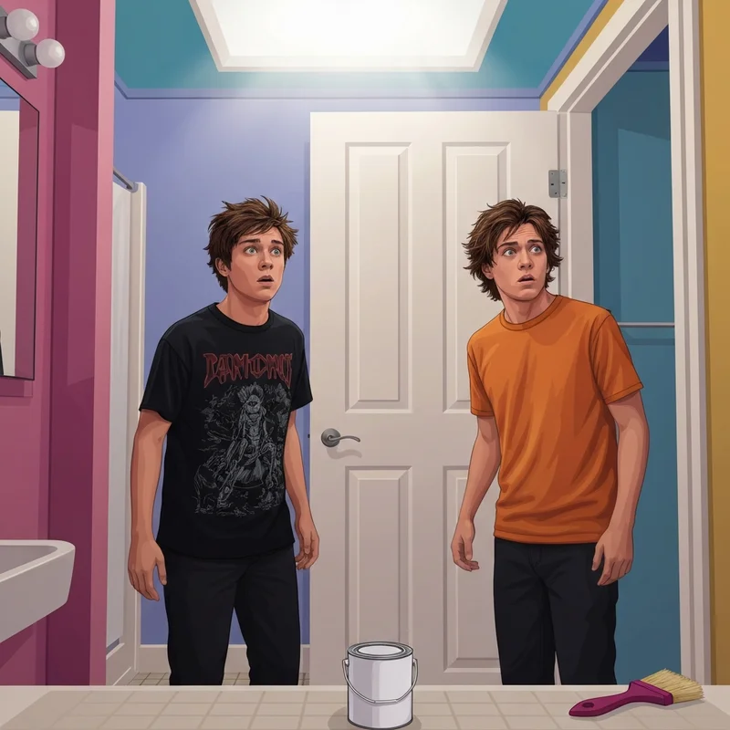 A recreation of the dore diary of a wimpy kid scene with two brothers staring at a broken bathroom door.