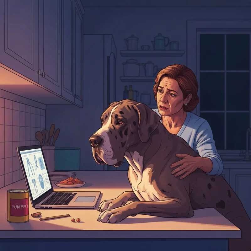 A worried owner checking their large dog for symptoms that might require a dog bloated stomach home remedy.