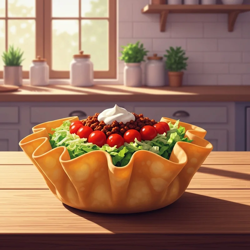 A perfectly crispy homemade taco salad bowl filled with fresh ingredients, showing how to make taco salad bowls aesthetic.