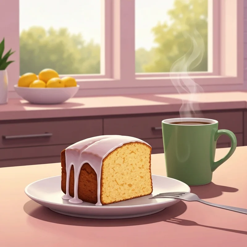 A perfectly glazed slice of lemon loaf starbucks copycat cake on a plate with coffee.