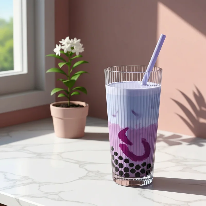 A perfectly layered drink featuring the ultimate taro milk tea recipe with fresh taro paste and tapioca pearls.