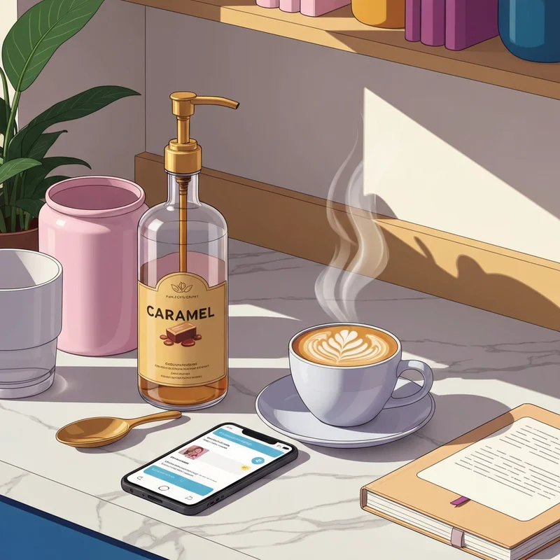 A minimalist home coffee bar featuring the official starbucks caramel syrup bottle and a healthy latte.