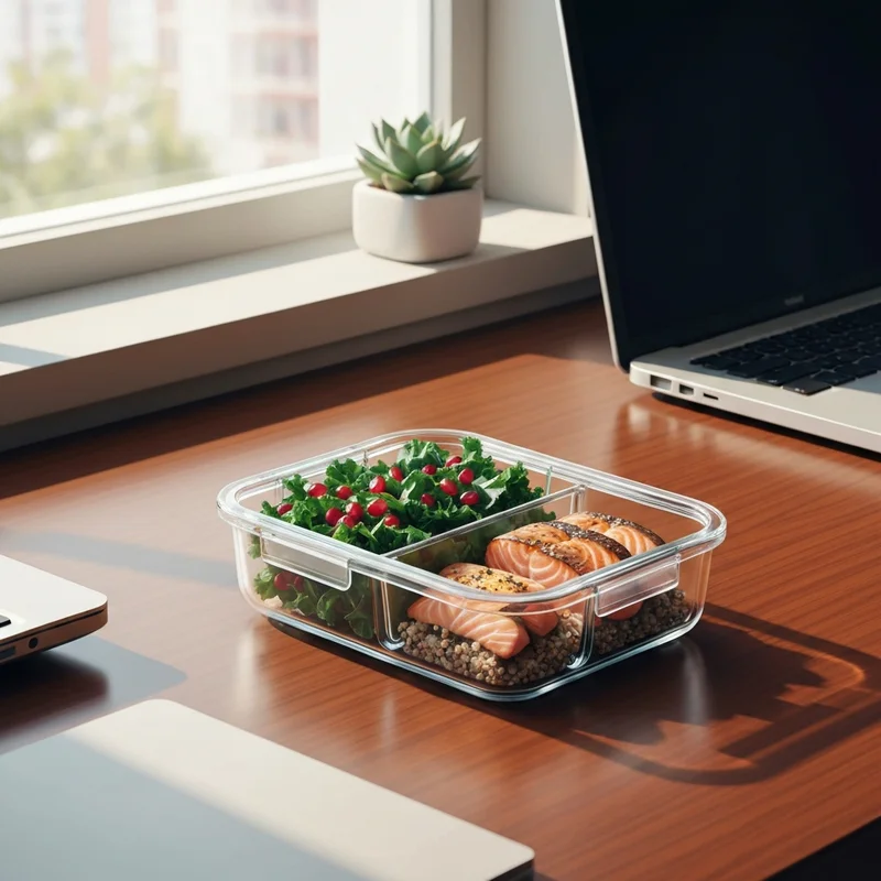 A perfectly organized glass meal prep lunch box with salmon and salad on a professional office desk.