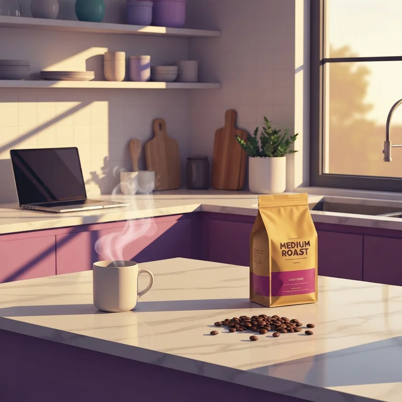 A serene morning kitchen scene featuring a cup of starbucks breakfast blend with soft sunrise lighting.