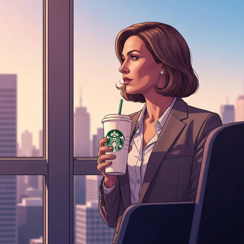 A professional woman holding strong coffee drinks starbucks while preparing for a high-stakes meeting in a modern office.