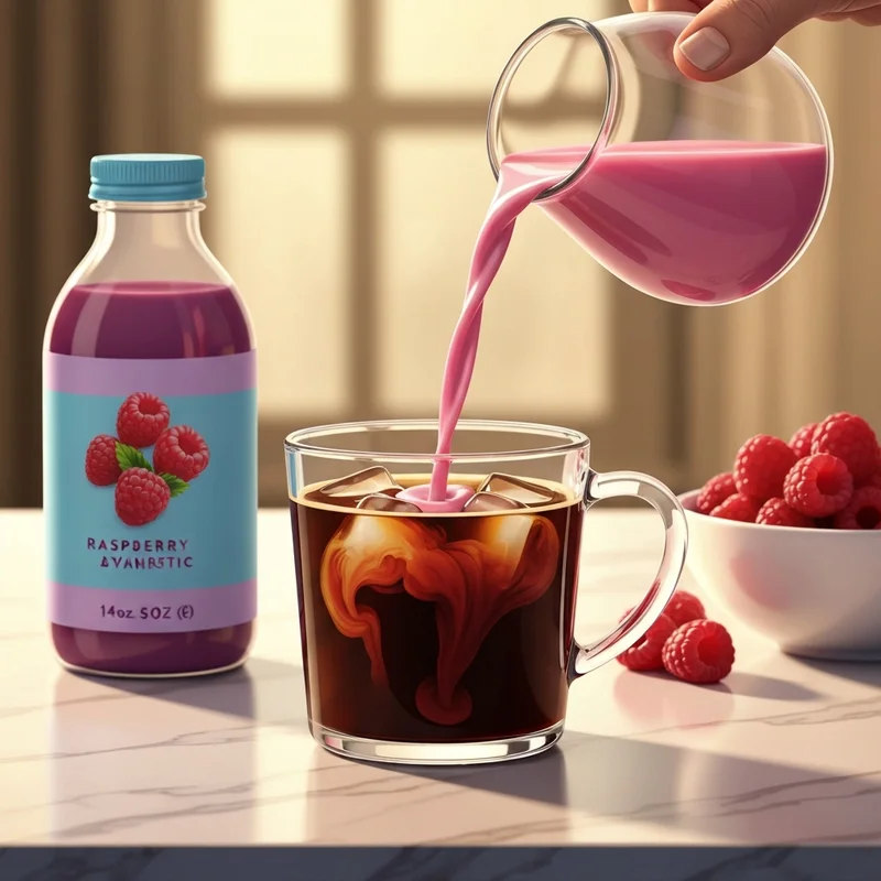 The starbucks liquid creamer raspberry vanilla being poured into a clear glass of iced coffee to create a marbled effect.