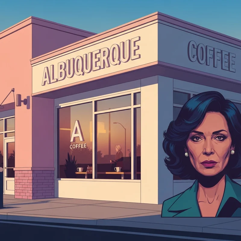 A serene morning view of a popular Starbucks Albuquerque location with the Sandia Mountains in the background.