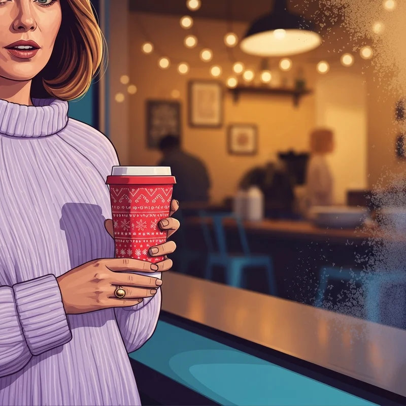 A young woman enjoying her free starbucks cup on a cozy holiday morning.