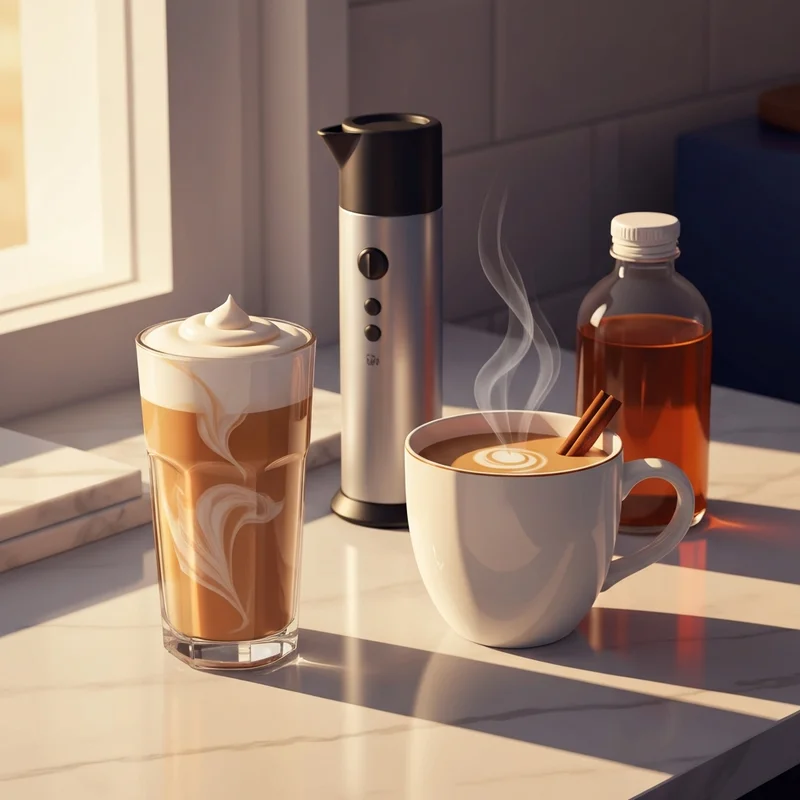 A visual guide on how to make starbucks chai tea latte featuring both iced and hot versions on a marble kitchen counter.