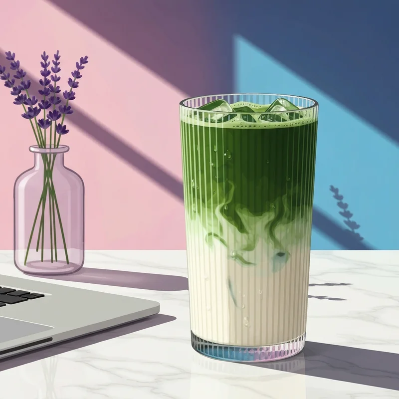 A perfectly layered iced drink made using a starbucks matcha latte recipe on a minimalist desk.