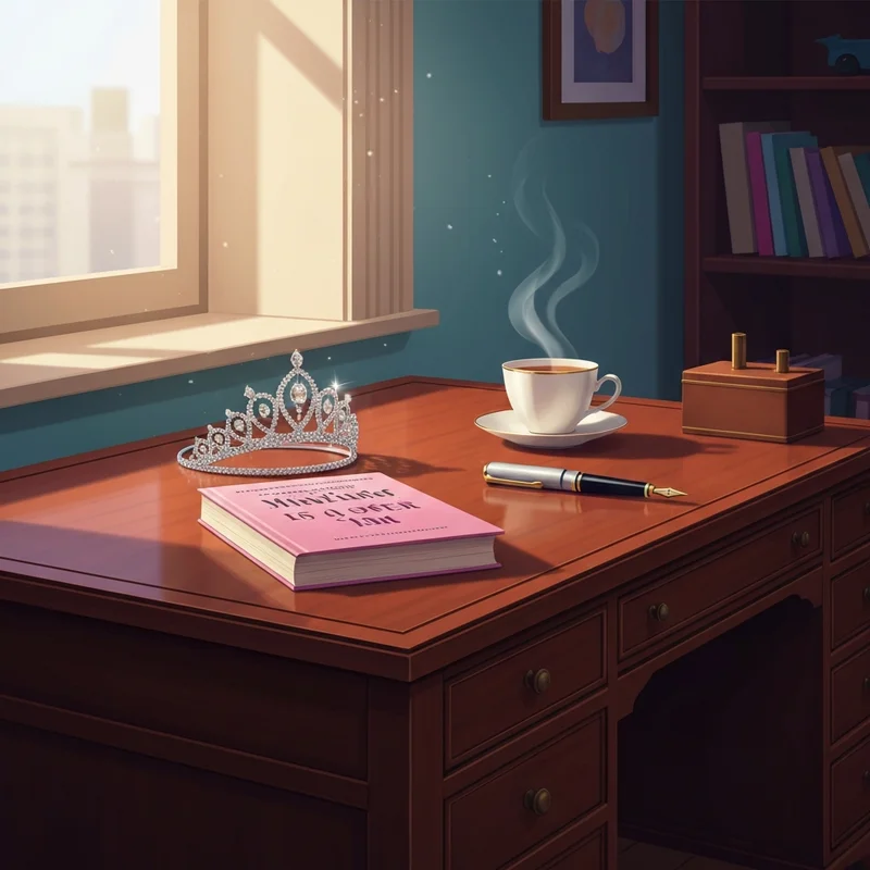 A nostalgic scene featuring the princess diaries book on a desk with a tiara and a fountain pen.