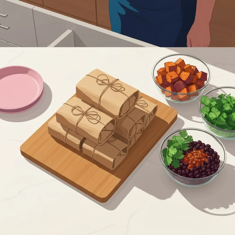 A stack of organized meal prep burritos on a kitchen counter symbolizing the Sunday Reset ritual.