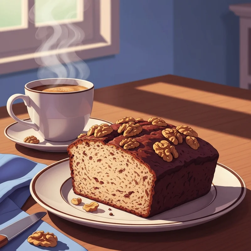 A perfectly baked slice of bread from a starbucks banana bread recipe with a walnut topping on a rustic plate.